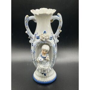 Vtg‎ Norleans Victorian Vase -White & Blue with with Gold Trim-Sitting Girl-7.5"